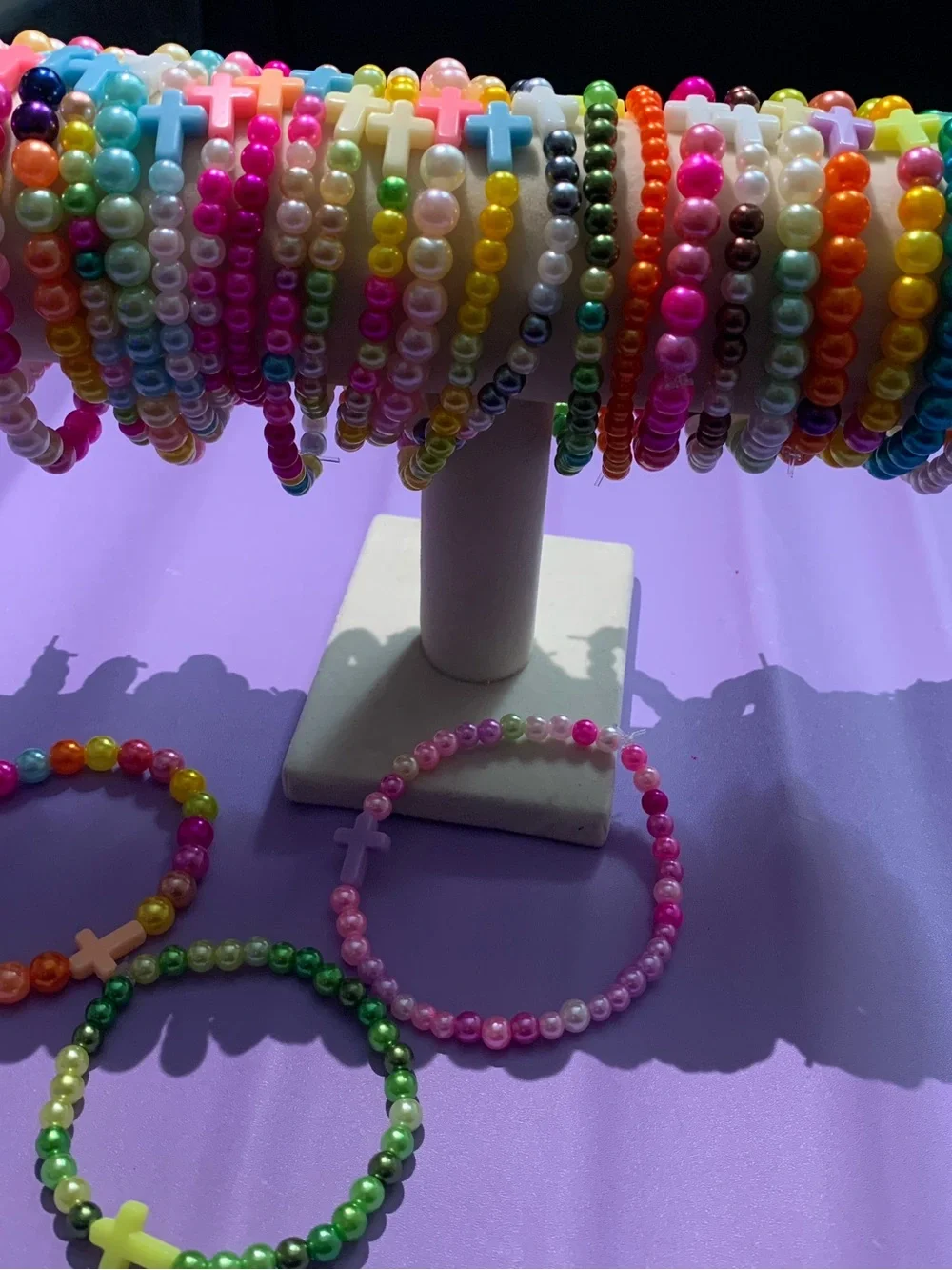 Pastel Pink Cross Beaded Stretch Bracelet - Brand